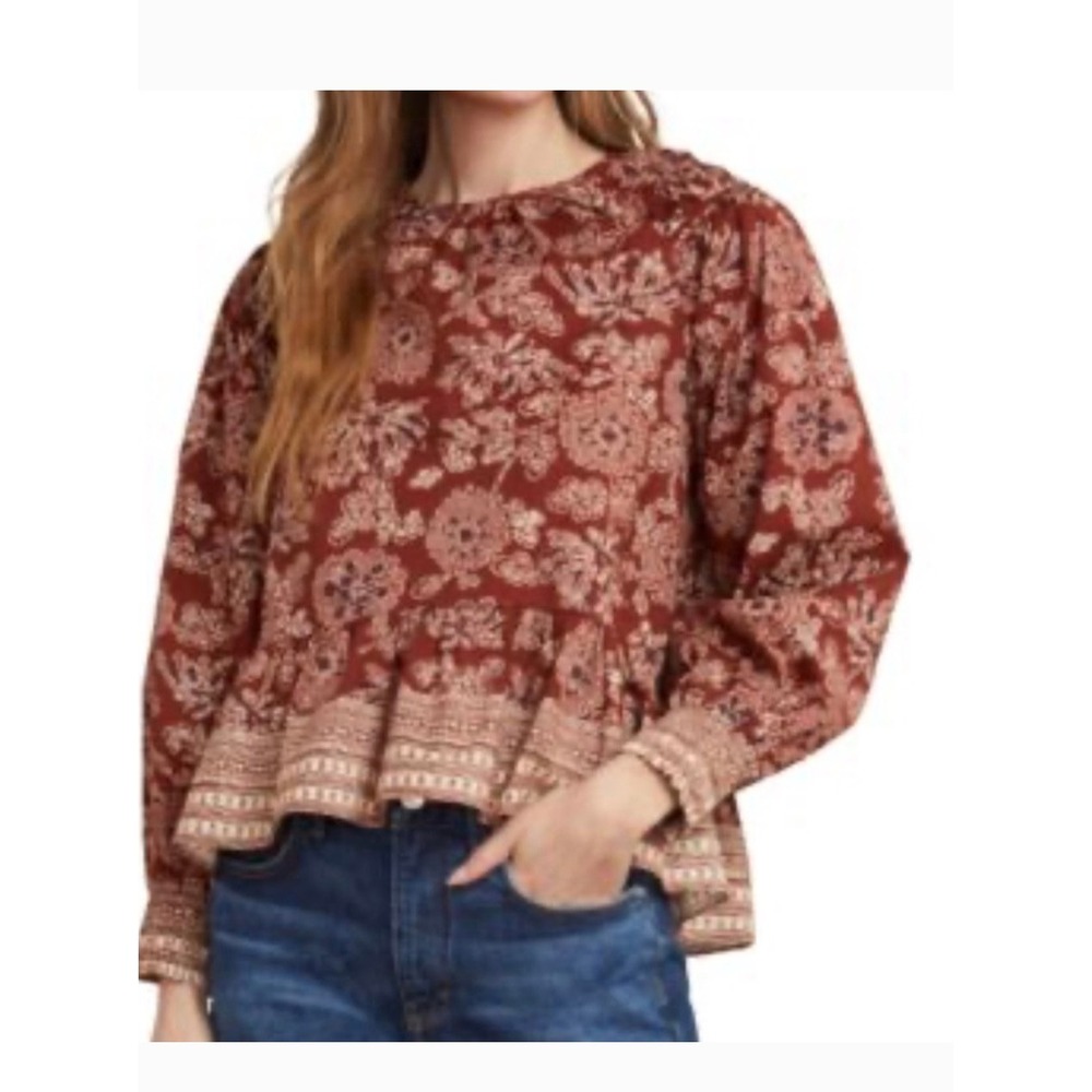 Veronica Beard Kester Floral Peplum Top Brown Batik Ruffle Cotton Size 6